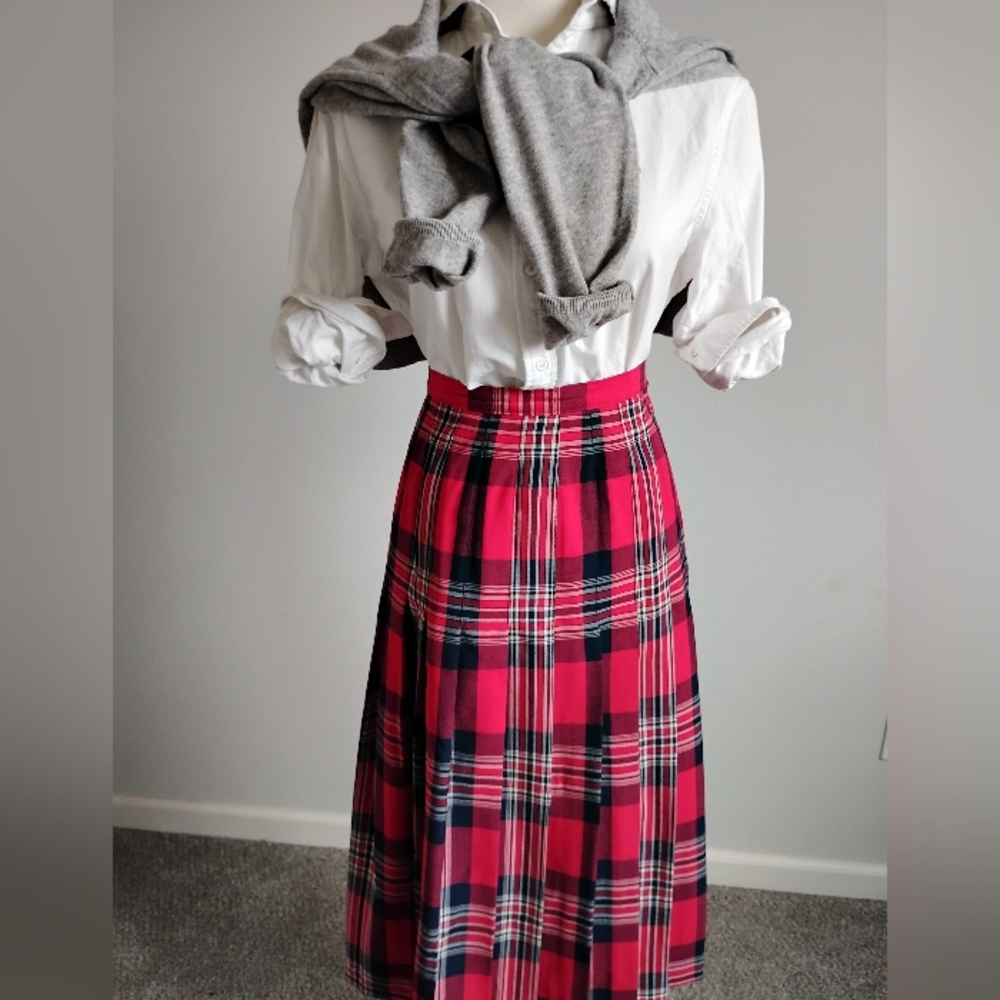 Pendleton Vintage 80s Wool Pleated Maxi Skirt Preppy Navy Blue Red Plaid Size 8 - Picture 4 of 15